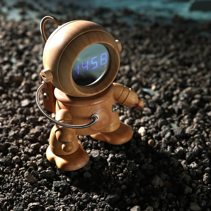 Astronaut Robot Alarm Clock - Engravable Wooden Desk Clock