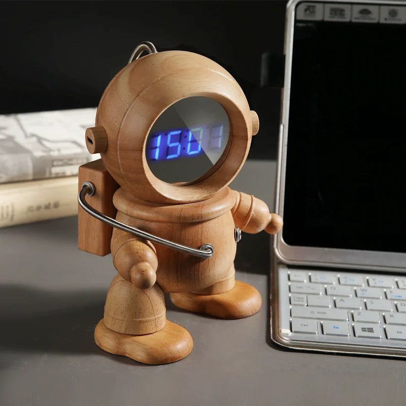 Astronaut Robot Alarm Clock - Engravable Wooden Desk Clock