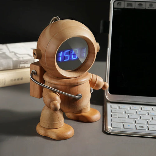 Astronaut Robot Alarm Clock - Engravable Wooden Desk Clock
